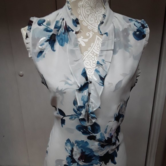 White House Black Market Tops - Floral Ruffle Women's Top - Blue and White